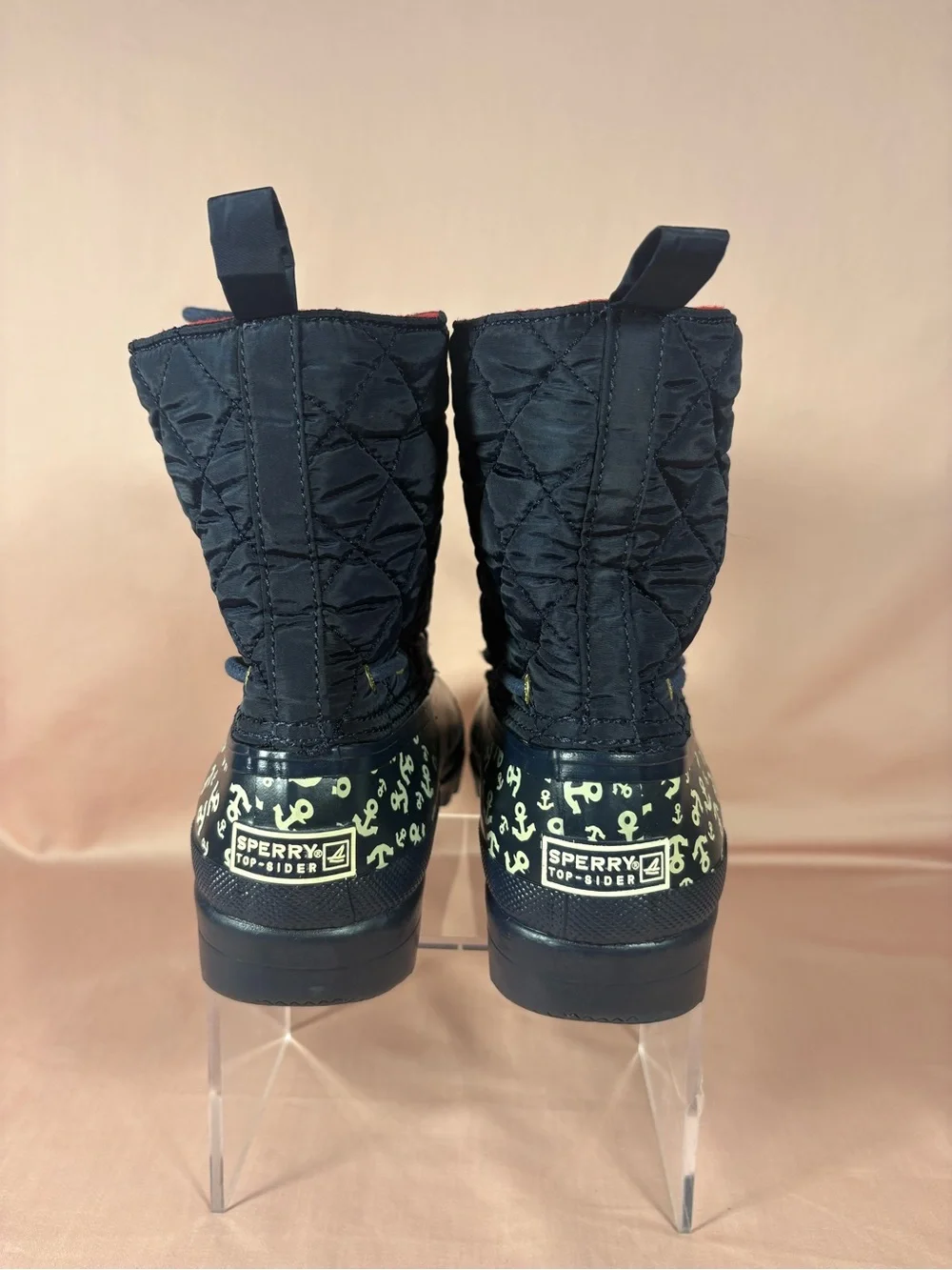 Sperry Women's Saltwater Duck Boot Navy Anchor Print Quilted STS90705 Size 8